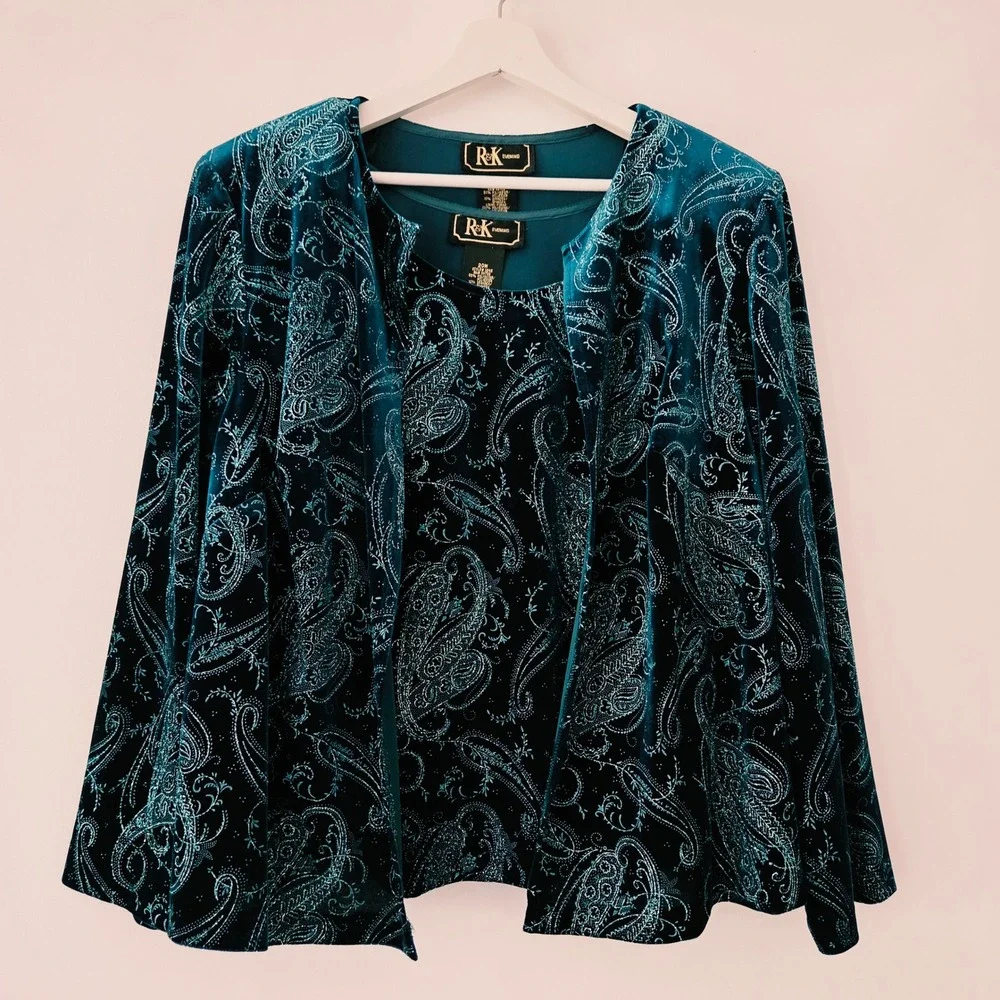 R&K Evening 2 Piece Set Teal Blue Velvet Paisley Glitter Womens 20W